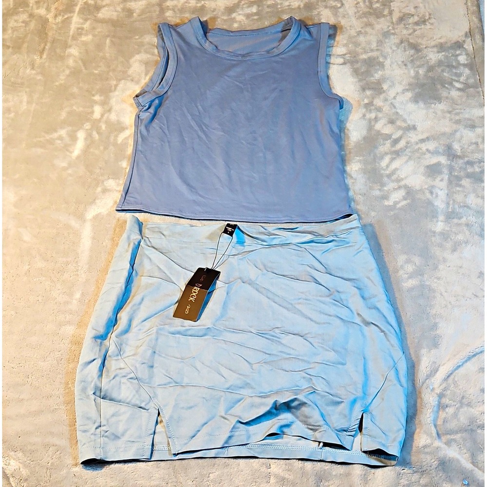 D.ROCK Womens 2 Piece Blue Tank & Skirt Set Knit Stretch Slit Size L